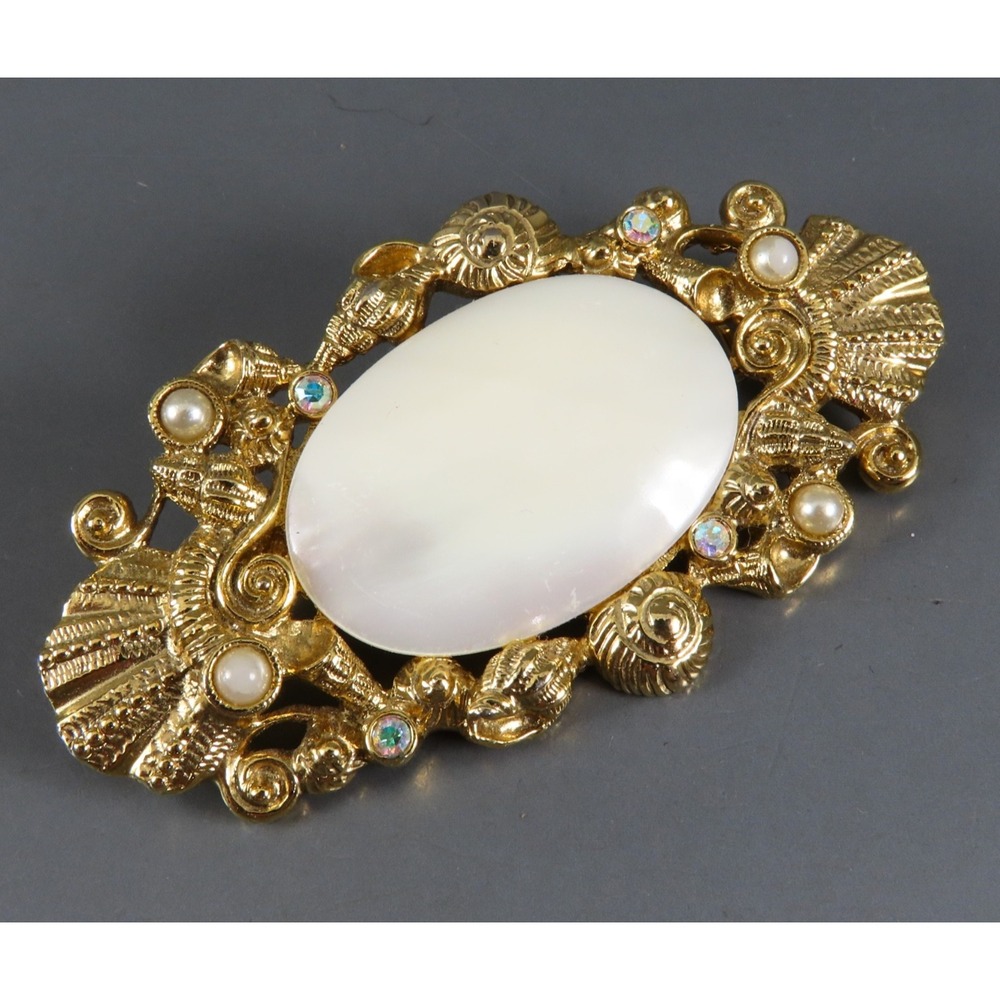 Vintage 1928 BAR BROOCH PIN White Center AB RHINESTONES Faux Pearls GOLD TONE